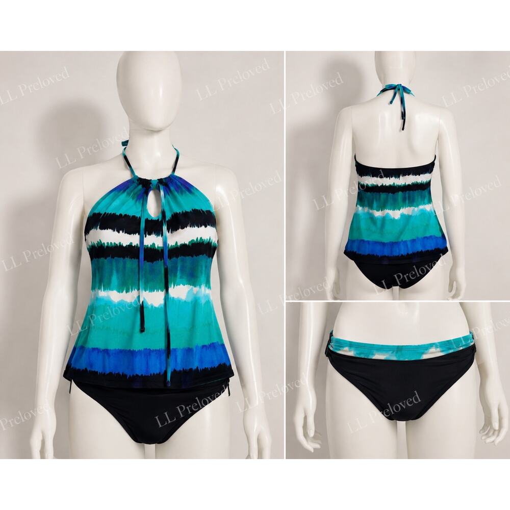 Ocean Ave Tankini Swimsuit Set Women’s Blue Aqua Abstract Stripe Halter Swimwear